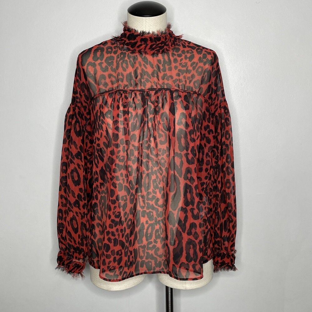 Zara Sheer Top Womens Small Red Black Animal Print Blouse Mock Neck Flowy